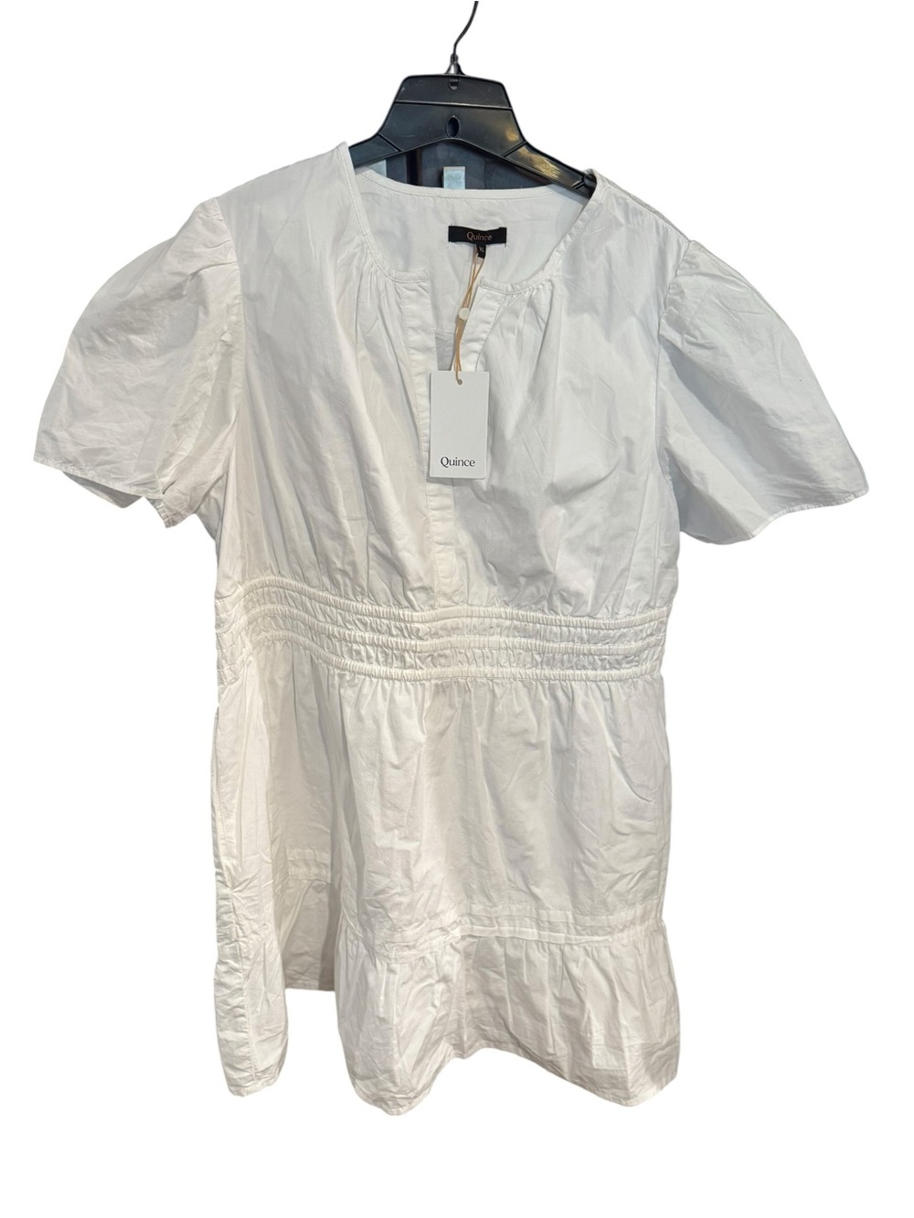 Quince white poplin Short Puff Sleeve Smocked Waist Mini Dress - Picture 2 of 5